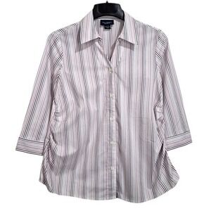 New Additions Top Womens Maternity S White 3/4‎ Sleeve Striped Ruched Button-Up